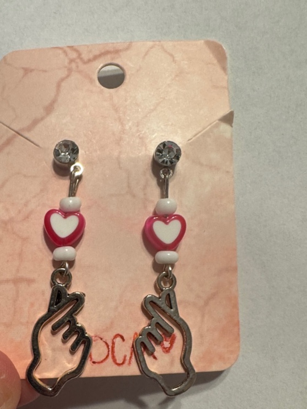 Silver Hand & Pink Heart Drop Earrings - Women Jewelry - Picture 1 of 1